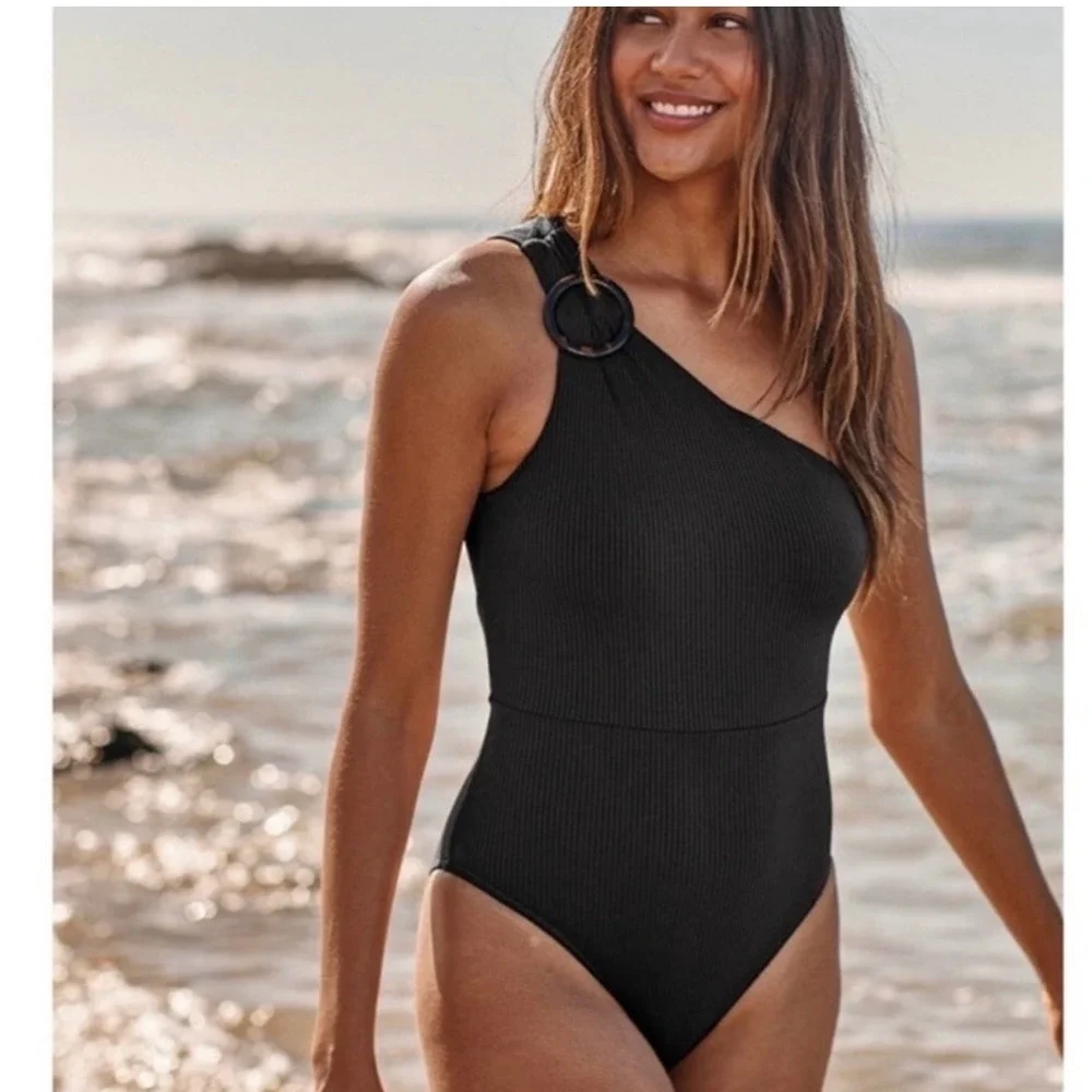 SUMMERSALT Black Ribbed‎ Sidestroke  One Piece Swimsuit Bathing Suit 22